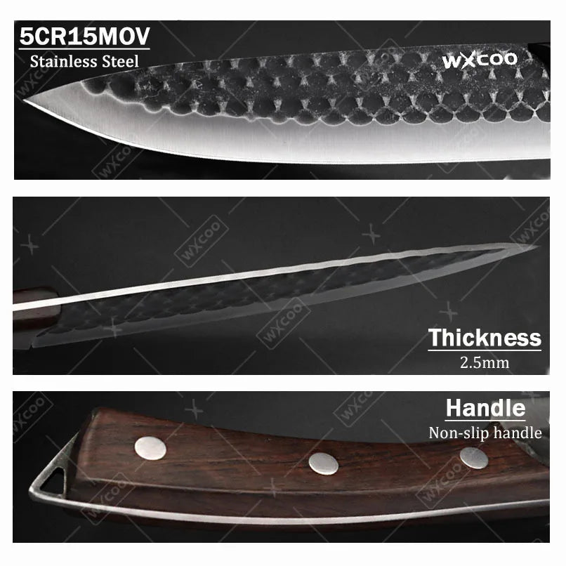 4-Piece Professional Chef Knife Set – Hammered Stainless Steel with Wood Handles