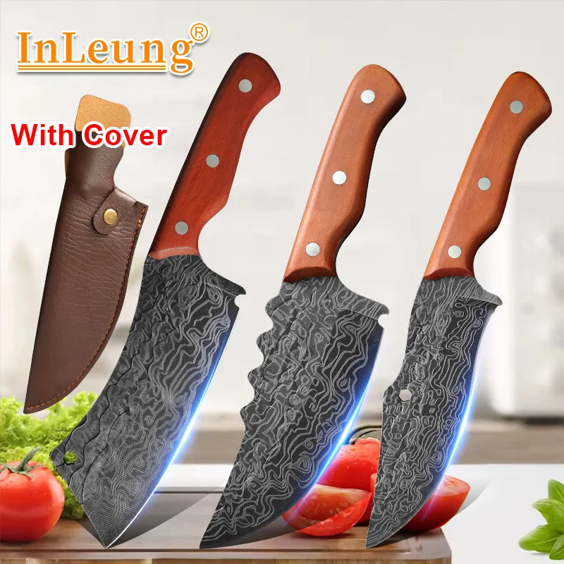 Professional Damascus Forged Kitchen Knife Set – Wooden Handle Chef & Cleaver Knives