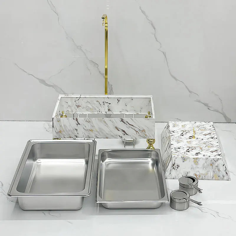 9L Rectangular Chafing Dish with Hanging Lid | Wood Grain, White & Black | Stainless Steel Buffet Warmer