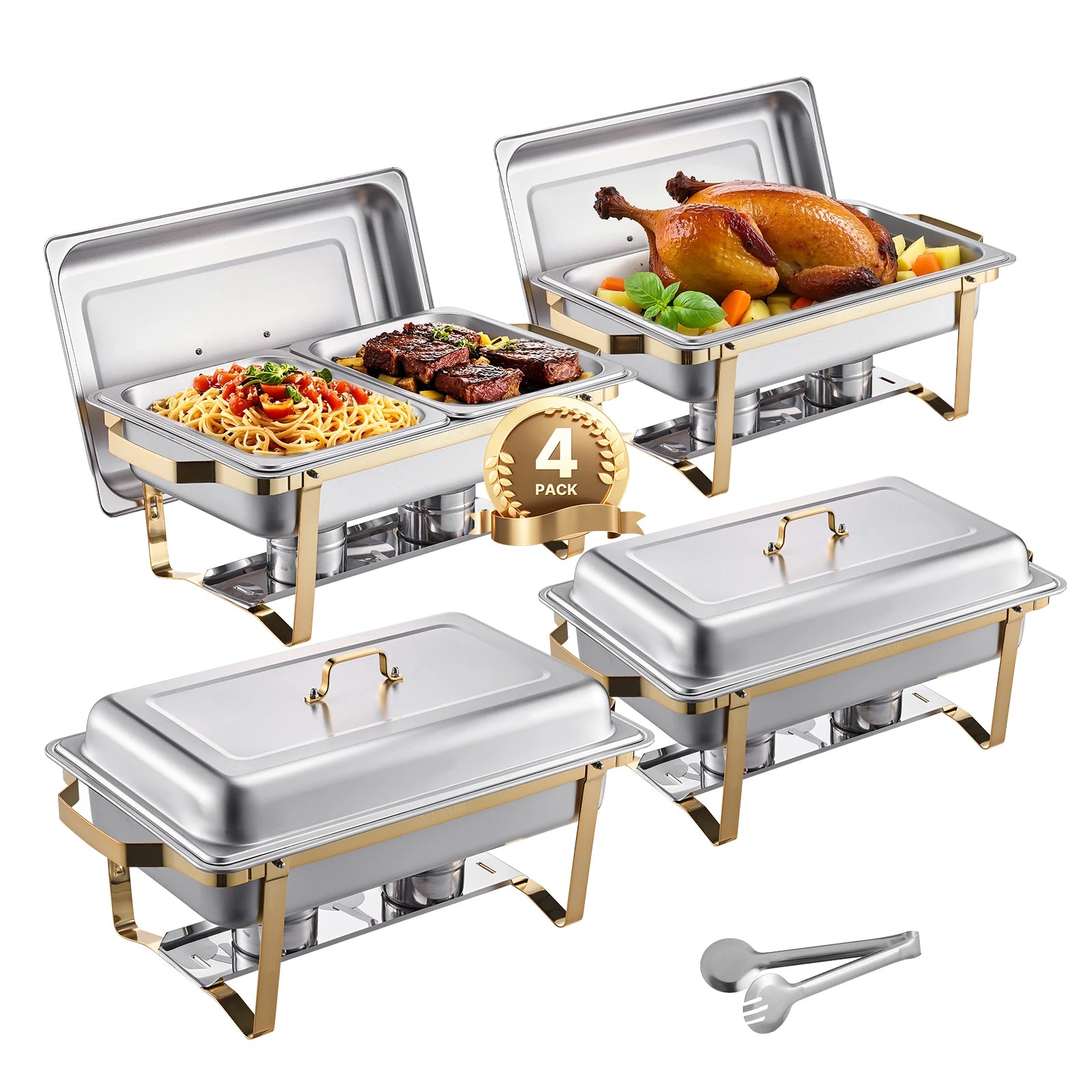 4-Pack Chafing Dish Buffet Set | 8Qt Stainless Steel Chafer with Full & Half Size Pans | Silver or Gold