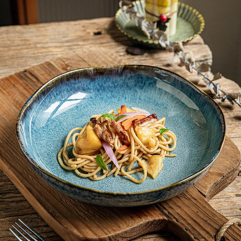 Japanese Kiln Change Ceramic Pasta Plate Large Soup Bowl Salad Serving Dish Dessert Fruit Plate Restaurant Tableware