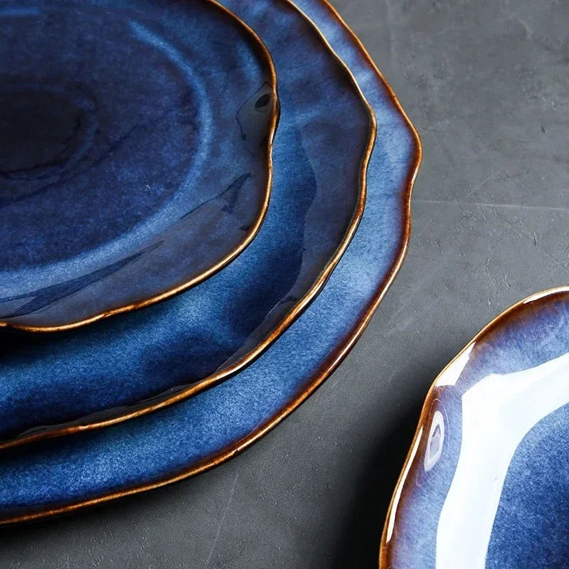 Deep Blue Ceramic Plates – Irregular Artisan Tableware for Hotels & Events