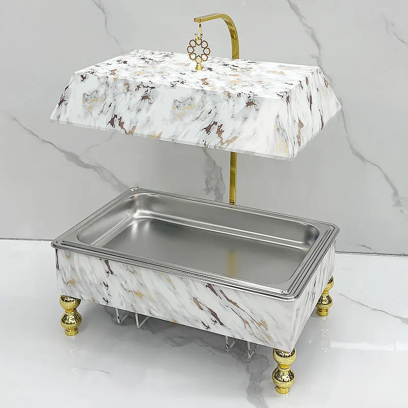 9L Rectangular Chafing Dish with Hanging Lid | Wood Grain, White & Black | Stainless Steel Buffet Warmer