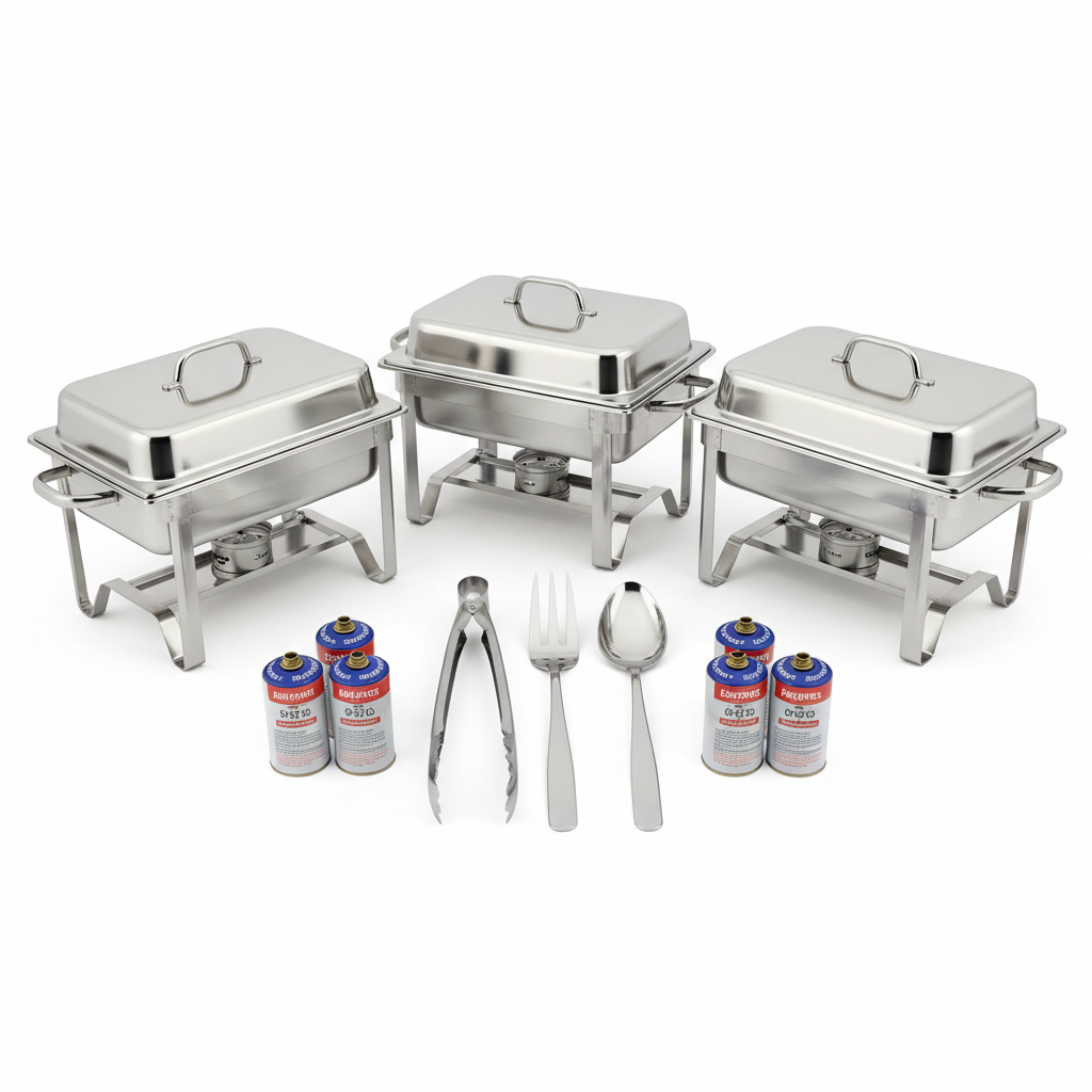 Complete chafing dish bundle set with lids, serving utensils, and fuel