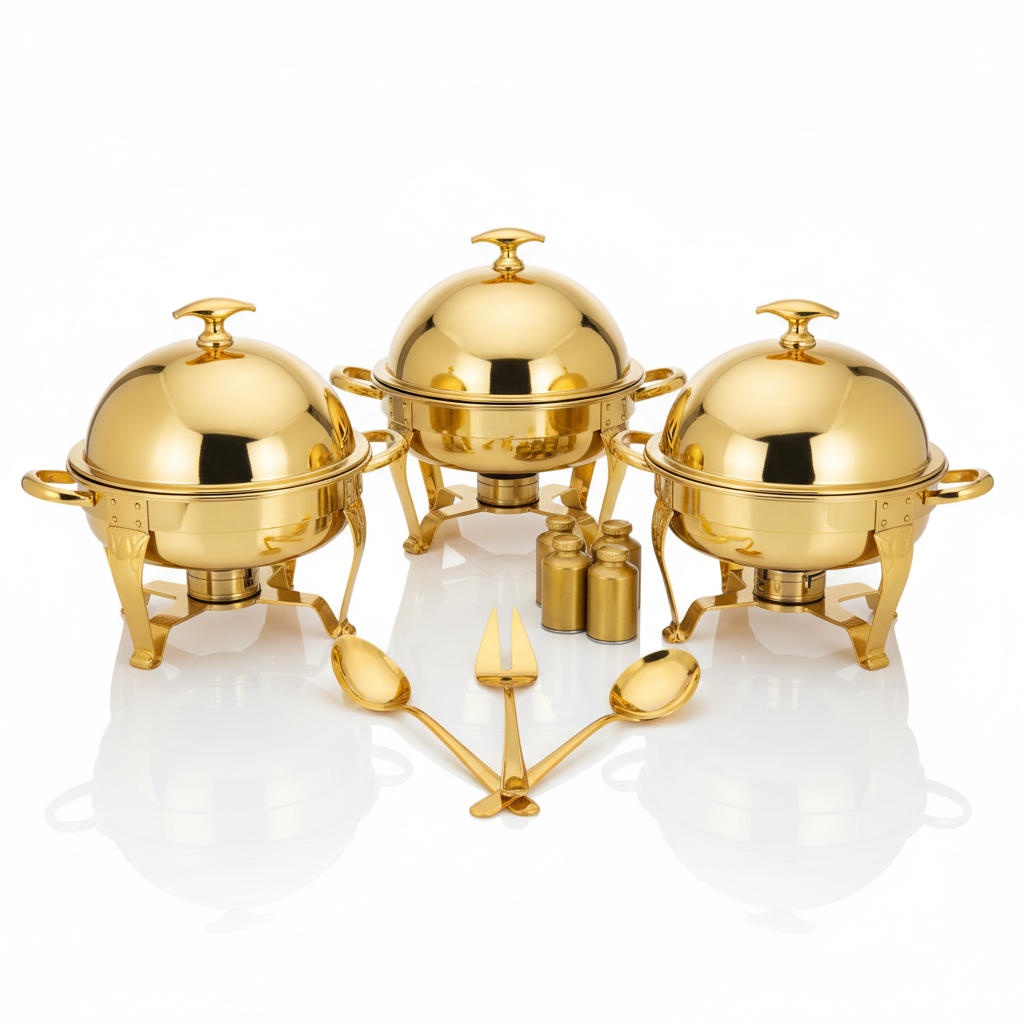 Complete gold chafing dish bundle set with lids, serving utensils, and fuel